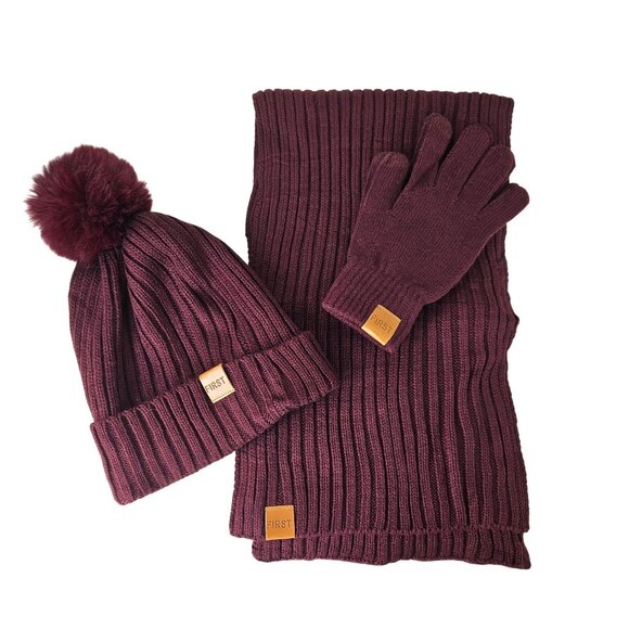 Womens Burgundy Winter Hat Scarf & Gloves Set With Pom Pom Winter Warm Stylish - Picture 4 of 7